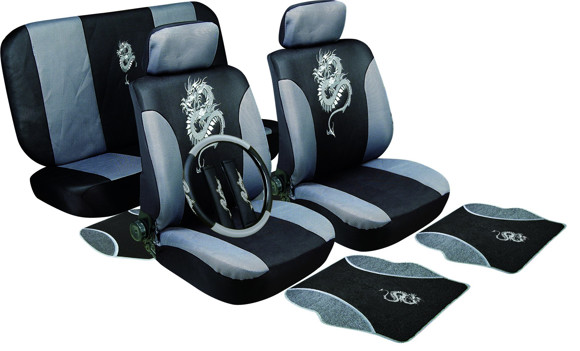 Imagen de KIT JUEGO FUNDAS CUBRE ASIENTO+ALFOMBRAS+CUBRE VOLANTE GRIS