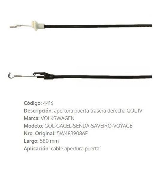 Imagen de CABLE DE PUERTA TRASERA DERECHA VW GOL 4 580MM