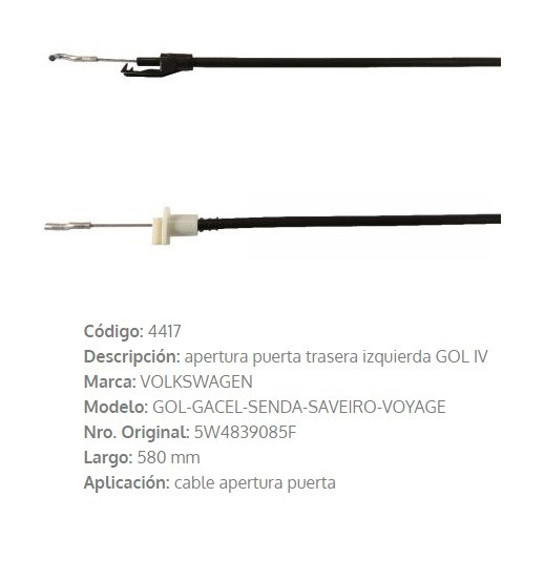 Imagen de CABLE DE PUERTA TRASERA IZQUIERDA VW GOL 4 580MM