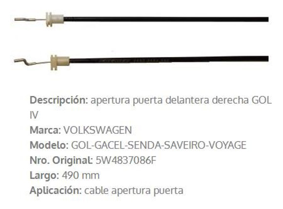 Imagen de CABLE APERTURA DE PUERTA DELANTERA DER. VW GOL GEN 4 490MM