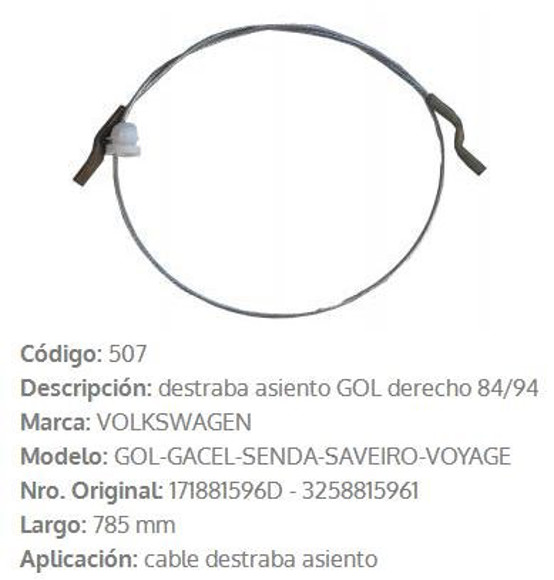 Imagen de CABLE DE ASIENTO DERECHO VW GOL/SANTANA/PARATI/SAVEIRO 785MM