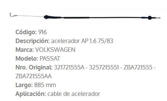 Imagen de CABLE DE ACELERADOR VW PASSAT HASTA 1983 885MM