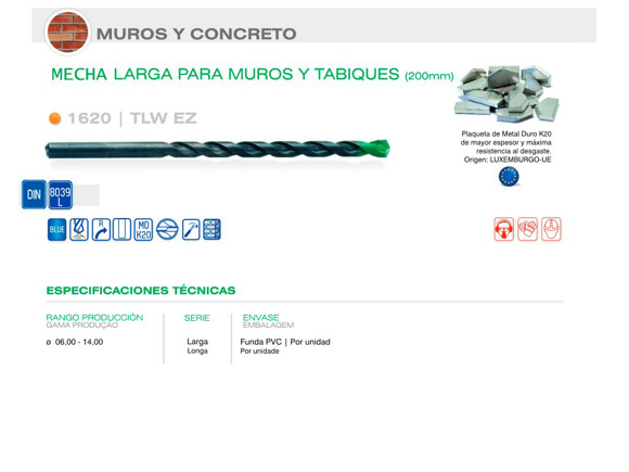 Imagen de MECHA DIN 8039 L200 DIAM 14.00 MM PARA MAMPOSTERIA