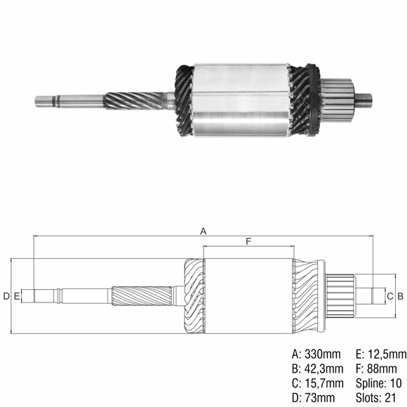 Imagen de INDUCIDO 12V M-BENZ/MAXION JF/AGRALE (330X72,8X10X42,1)