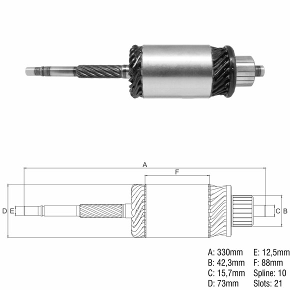 Imagen de INDUCIDO 24V M-BENZ/FIAT/KOMATSU/JF (330X72,8X10X42,1)