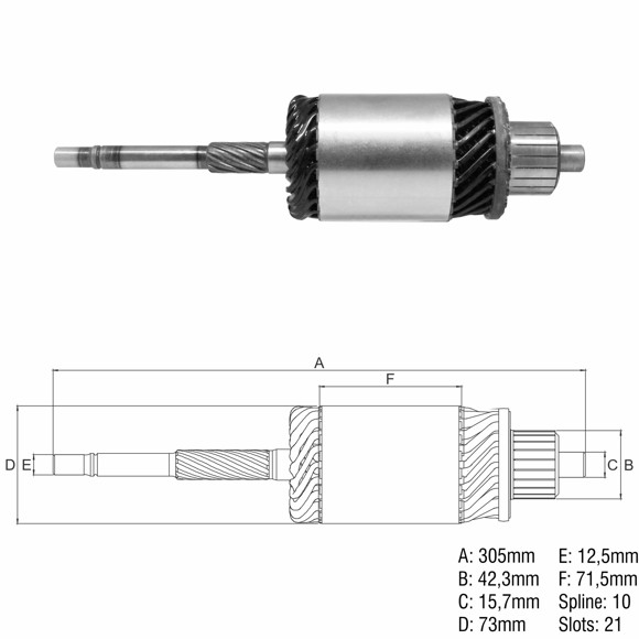 Imagen de INDUCIDO 12V VALMET/M-F 235/265/MWM (305,1X72,8X10X42,1)