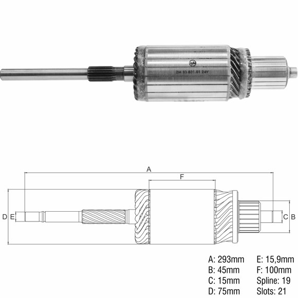 Imagen de INDUCIDO 24V ARRANQUE JE SCANIA (393,3X74,8X19X45)