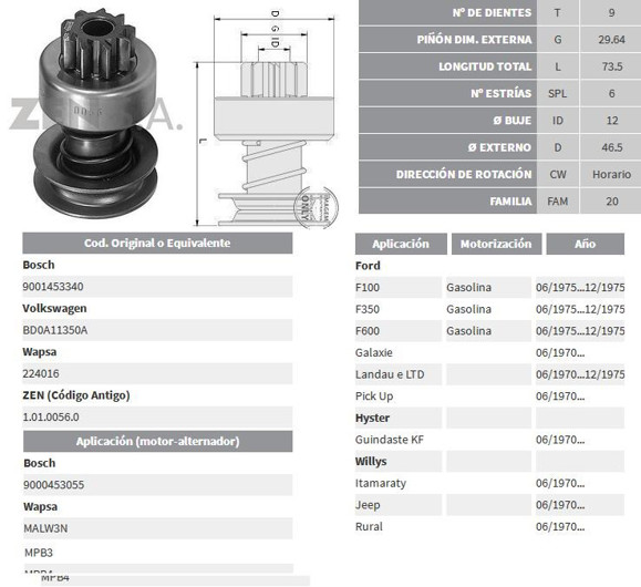 Imagen de BENDIX DE ARRANQUE FORD F100/350 WILLYS JEEP/RURAL CON WAPSA