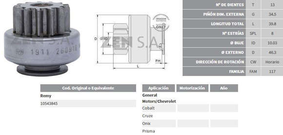 Imagen de BENDIX DE ARRANQUE GM CRUZE/ONIX/PRISMA C/DELCO REMY (ZEN)