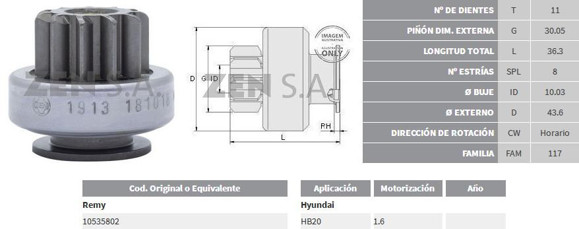 Imagen de BENDIX DE ARRANQUE HYUNDAI HB20 C/DELCO REMY (11D/8E) (ZEN)