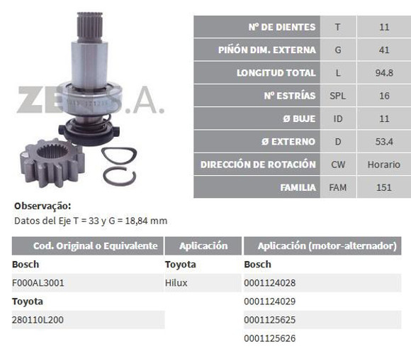 Imagen de BENDIX DE ARRANQUE TOYOTA HILUX 2.8 4X4 2018  (ZEN)