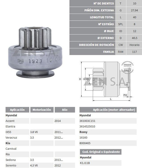 Imagen de BENDIX DE ARRANQUE HYUNDAI ACCENT 2014 EN ADELANTE (ZEN)