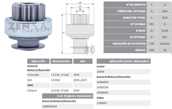 Imagen de BENDIX DE ARRANQUE CHEVROLET S10 2012 EN ADELANTE (ZEN)