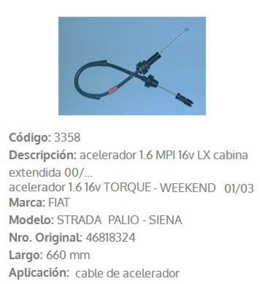 Imagen de CABLE ACELERADOR FIAT PALIO/SIENA/STRADA 1.6 16V 2000 660MM