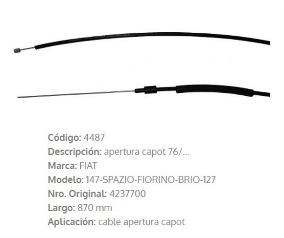 Imagen de CABLE APERTURA DE CAPOT FIAT 147/SPAZIO/OGGI 820MM