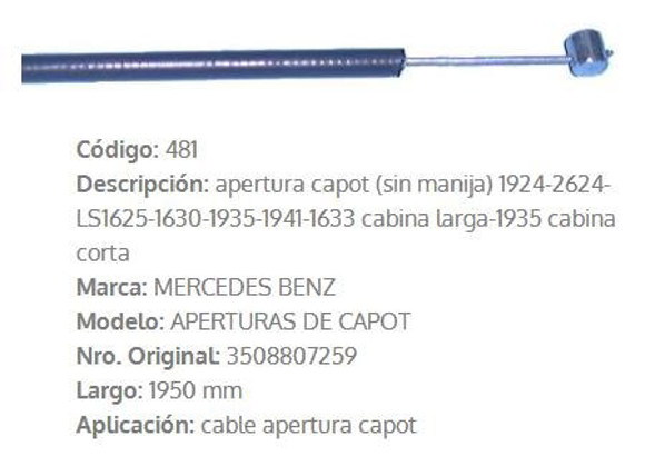 Imagen de CABLE CAPOT MERCEDES BENZ CAMION 1924 1950MM