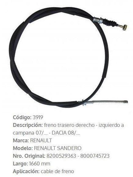 Imagen de CABLE DE FRENO DER/IZQ RENAULT LOGAN/SANDERO 1660MM