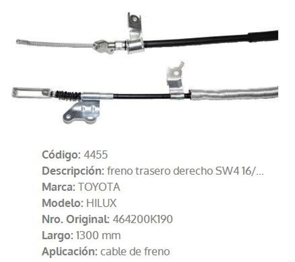 Imagen de CABLE DE FRENO TRASERO DERECHO TOYOTA HILUX SW4 2016 1300MM