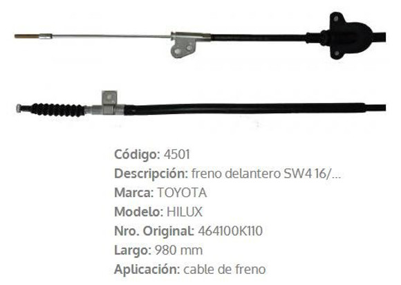 Imagen de CABLE DE FRENO DELANTERO TOYOTA HILUX SW4 2016 980MM