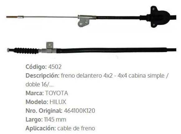 Imagen de CABLE DE FRENO DELANTERO TOYOTA HILUX 4X2 4X4 1145MM