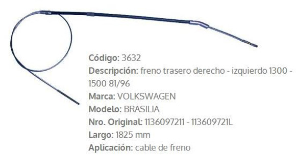 Imagen de CABLE DE FRENO VW FUSCA 1970/BRASILIA 1981 1825MM