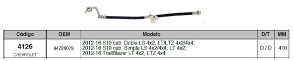 Imagen de FLEXIBLE FRENO DEL/DER CHEVROLET S10/BLAZER 2012/2016 410MM