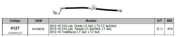 Imagen de FLEXIBLE FRENO DEL/IZQ CHEVROLET S10/BLAZER 2012/2016 410MM