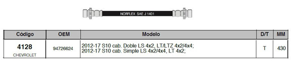 Imagen de FLEXIBLE FRENO TRAS CHEVROLET S10/BLAZER 2012/2016 430MM