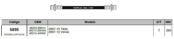 Imagen de FLEXIBLE FRENO TRAS NISSAN TIIDA/VERSA 2007/2015 295MM