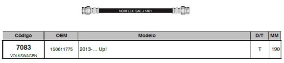 Imagen de FLEXIBLE FRENO TRAS VOLKSWAGEN UP 2015 EN ADELANTE 190MM