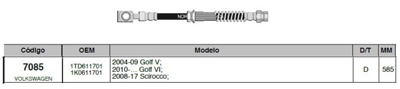 Imagen de FLEXIBLE FRENO DEL VOLKSWAGEN GOLF V 2004/2009 585MM