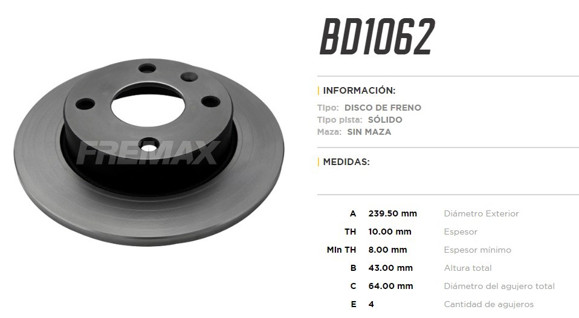 Imagen de DISCO DE FRENO FORD FIESTA ESPAÑOL/COURIER/KA 1.3L 1996