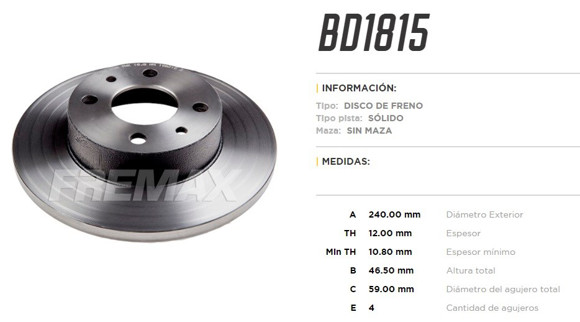 Imagen de DISCO DE FRENO FIAT UNO/PREMIO/DUNA/FIORINO/PALIO/SIENA/ELBA