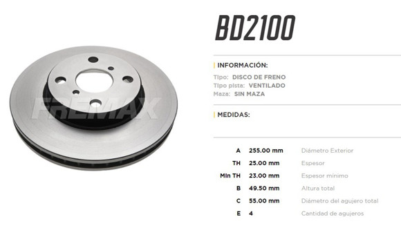 Imagen de DISCO DE FRENO TOYOTA COROLLA 1.8I-1.6 16V/BYD F3/LIFAN 620