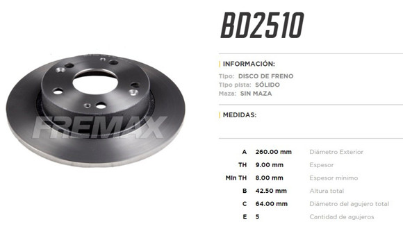 Imagen de DISCO DE FRENO TRASERO HONDA CIVIC/COUPE CIVIC 1.8/2.0 2006-