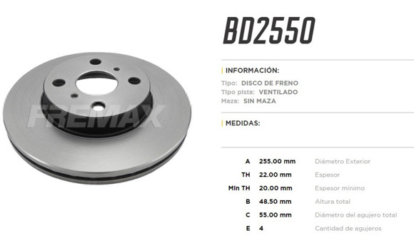 Imagen de DISCO DE FRENO TOYOTA COROLLA 1993/2002 255MM (VENTILADO)