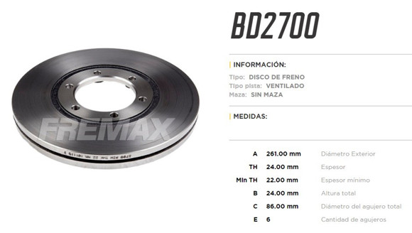 Imagen de DISCO DE FRENO KIA BONGO K2500 2007-/K2700 4X2 1999-