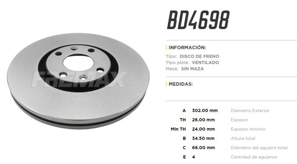 Imagen de DISCO DE FRENO CITROEN C4 PICASSO 2.0 16V 2007- PG 307/3008