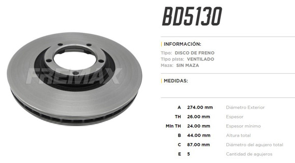 Imagen de DISCO DE FRENO HYUNDAI H1 2.5TD 02-07 PORTER 2005-