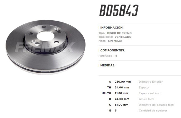 Imagen de DISCO DE FRENO RENAULT LAGUNA 1994- 5 AGUJEROS