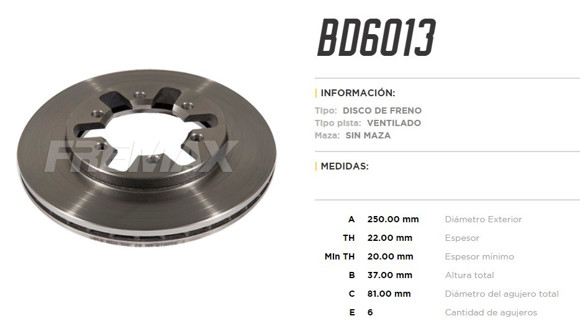 Imagen de DISCO DE FRENO NISSAN 720/D21 4X4 1986- 250MM