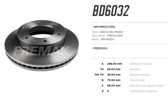 Imagen de DISCO DE FRENO FORD RANGER 2012-/MAZDA B2600 BT50 2007-