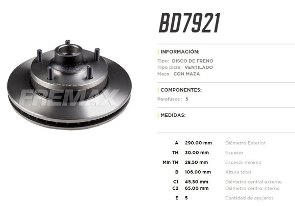 Imagen de DISCO DE FRENO FORD F100/F1000 HASTA 1993 C/MAZA 5 TORNILLOS