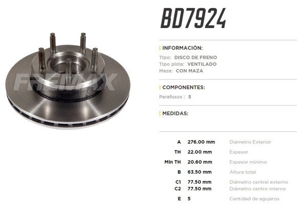Imagen de DISCO DE FRENO FORD RANGER 2.5TD 4X4 1999-EXPLORER C/MAZA