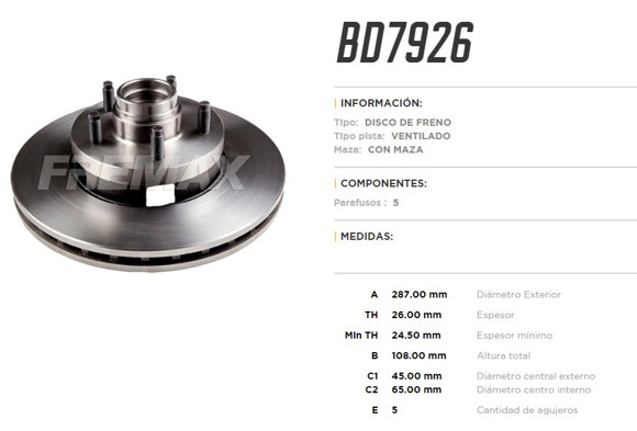 Imagen de DISCO DE FRENO FORD RANGER 4X2 1998-2004 C/MAZA 5 TORNILLOS