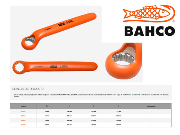 Imagen de LLAVE FIJA AISLADA BAHCO BAHCO 1000V (IEC 60900) 22MM