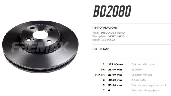 Imagen de DISCO DE FRENO DELANTERO TOYOTA COROLLA 2.0TD 2003 (VENT.)