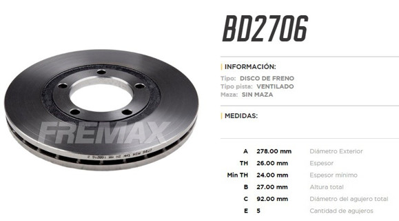 Imagen de DISCO DE FRENO KIA BONGO K2500 2012 (VENTILADO)