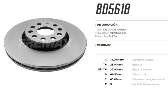 Imagen de DISCO DE FRENO DELANTERO VW VENTO GLI/TIGUAN 2.0/AUDI A1-A3