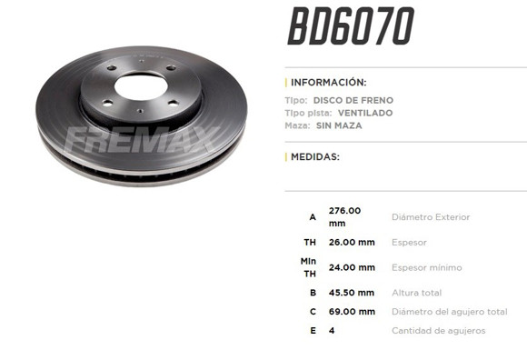 Imagen de DISCO DE FRENO DEL. MITSUBISHI LANCER 2003 276MM (VENTILADO)